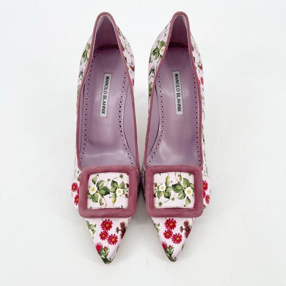 Manolo Blahnik Maysale Pink Floral Satin Buckle Pumps IT 39.5 Pointed Toe Heels - Picture 5 of 11